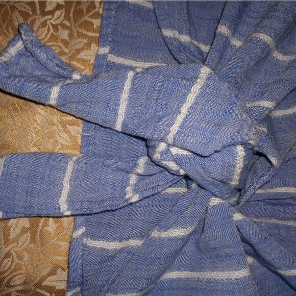 COMO Vintage Striped Blue White Dropped Shortsleeves Cotton Rayon Women's Top - Picture 6 of 8